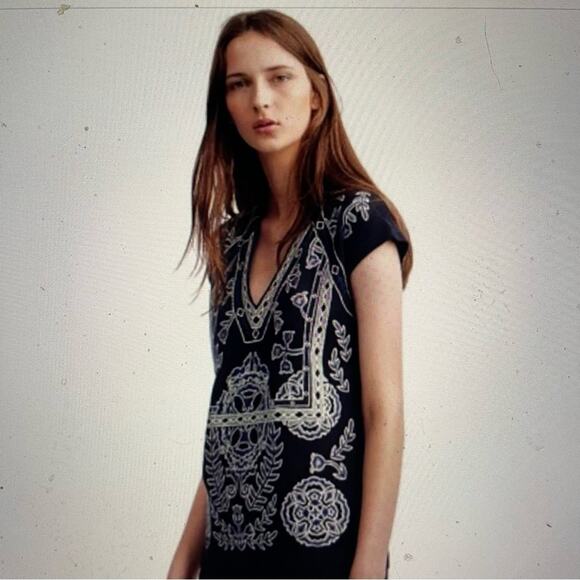 Tory Burch Navy Embroidered Short Sleeve V Neck Jory Knit Sweater Small - Picture 2 of 8